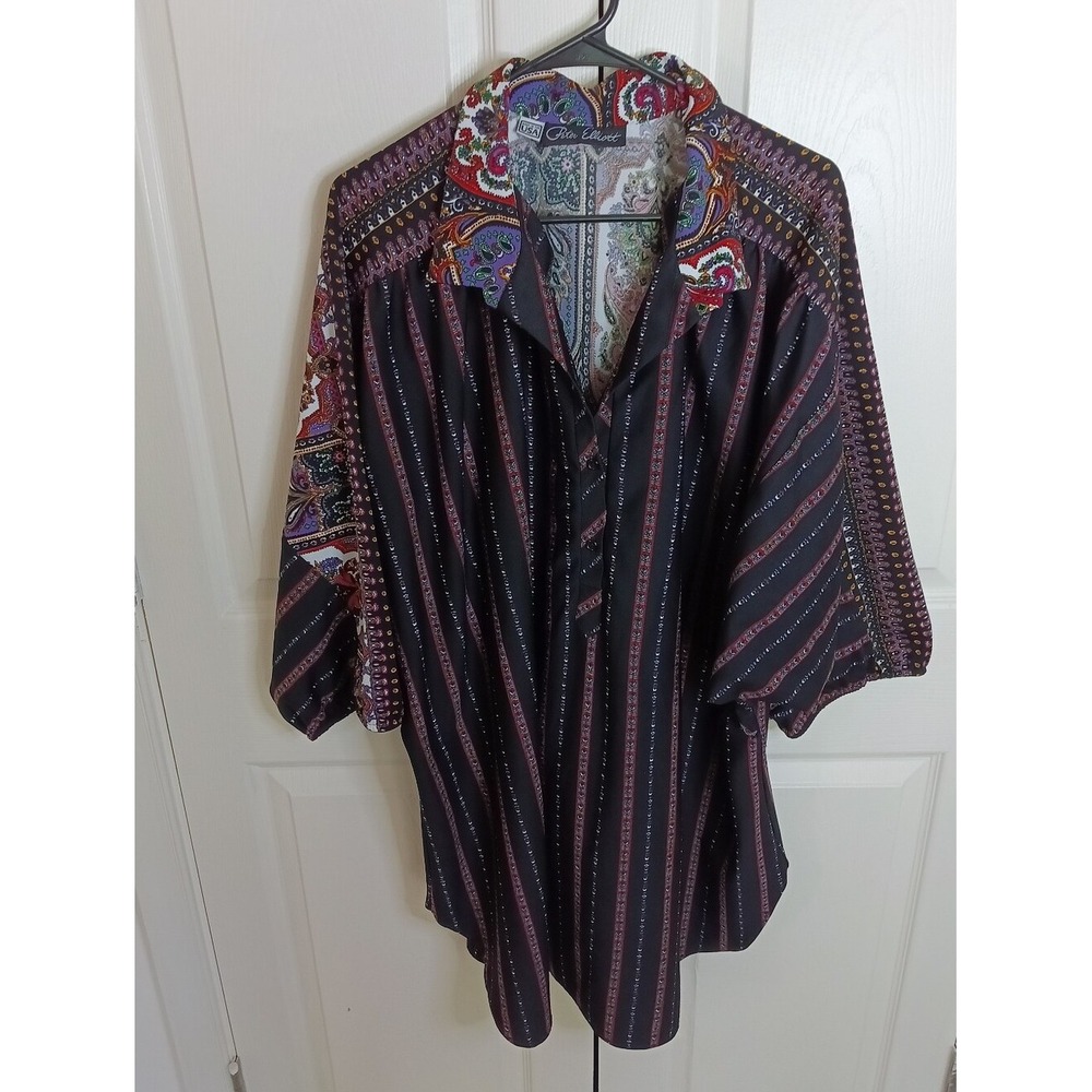 Peter Elliott Tunic‎ Top Womens 52 Black Paisley Stripe Excellent Vintage Boho